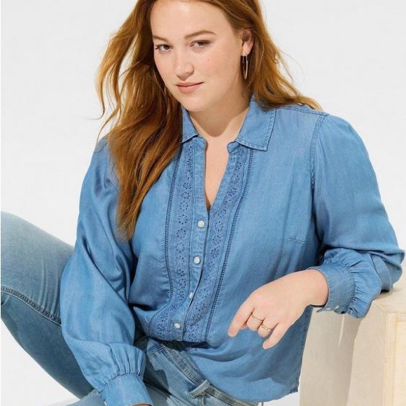 torrid Tops - Torrid blue Tencel pintuck long sleeve chambray button down blouse 2X